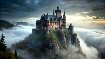 Fototapeta premium Gothic castle mansion on rocky hill in thick fog, gothic, castle, mansion, ancient, dark blue, walls, rocky hill, thick fog