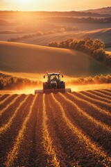 Fototapeta premium Tractor Plowing Field Sunset