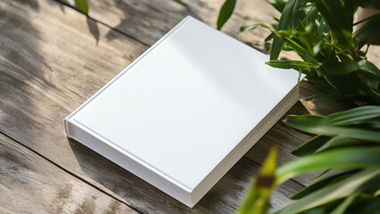 Minimalist Still Life: White Soft Cover Book with Plant, Bird's Eye View