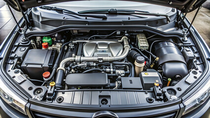 Fototapeta premium Detailed view of car engine under open hood , automotive, vehicle, motor, machinery, parts, power, metal