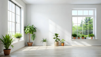 Fototapeta premium White wall mockup of bright empty room with window, flower pots and plants, white wall, mockup, bright, empty room