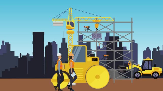 Working construction team at edge of the city cartoon animation