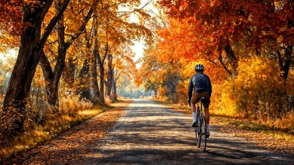 Fototapeta premium Cyclist riding through an autumn landscape on a scenic path surrounded by colorful trees