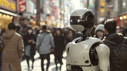 Humanoid Robot: A humanoid robot interacting with people in a busy urban environment, seamlessly blending in. 
