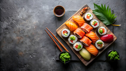 Sushi set with fresh sashimi and sushi rolls beautifully arranged on a stone slate , Japanese cuisine
