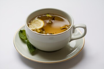 a cup of tea with fresh mint leaves and a lemon wedge