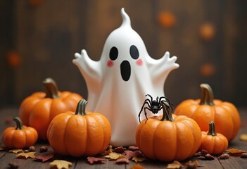 Naklejka premium Cute ghost with pumpkins and spiders - Halloween
