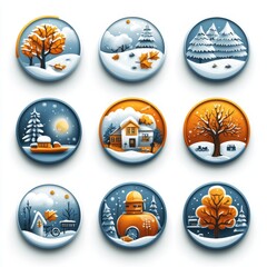 Winter Landscape Icons   Set of 9 Cute Illustrations