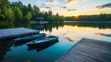 Naklejka premium Serene lake scene at sunset with wooden docks and boats, surrounded by lush trees reflecting on calm water.