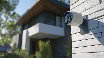 Modern security camera mounted on a wall, providing surveillance for a contemporary home exterior with lush landscaping.