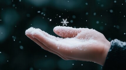 Fototapeta premium A hand gently holds a delicate snowflake above a bed of fresh snow, capturing the beauty of winter's unique moments.
