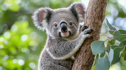 Obraz premium A cute koala clinging to a tree branch, surrounded by eucalyptus leaves