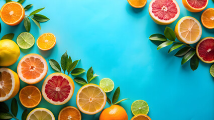 Flat lay layout with summer citrus fruit on blue background with sharp shadows, trendy social mockup, summer