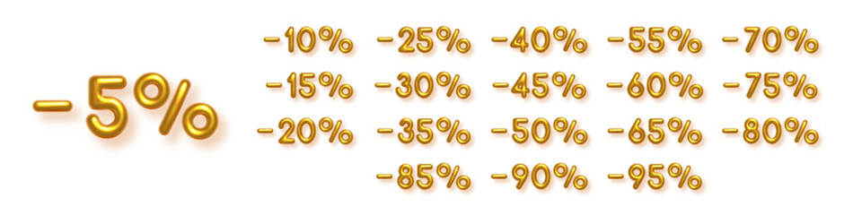 Gold numbers with sales discount percentages. Sale symbols in form of golden decorative balloon numbers with discount from 5 to 95. Promotion banner on white background vector illustration.