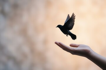 A serene moment showcasing a hand gently releasing a bird into the open sky, symbolizing freedom and new beginnings.