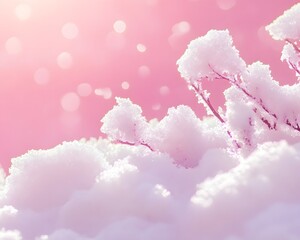 A serene winter scene with soft pink hues and snow-covered branches.