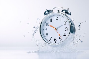 An alarm clock splashing in water, symbolizing urgency and the passage of time. Ideal for themes of deadlines and time management.