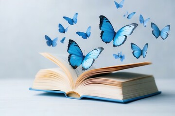 An open book with blue butterflies emerging, symbolizing creativity and the magic of reading in a serene setting.