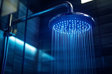 A modern shower head with bright blue LED lights, creating a relaxing and luxurious bathing atmosphere in a sleek bathroom.
