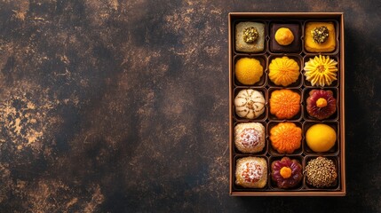 A top view of Indian sweets in a box with copy space for celebration messages or festival greetings.