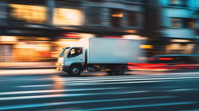 A motion blur image of a delivery truck navigating through a busy urban street, showcasing the fast pace of city life.