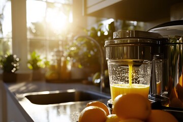 A bright kitchen scene featuring a juicer, fresh oranges, and sunlight illuminating the countertop, perfect for healthy living.