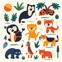 Cute Cartoon Animal Illustrations with Tropical Plants and Sun