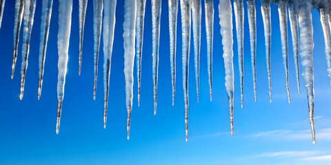 Icicles hanging in clear blue sky background, icicles, winter, cold, frost, frozen,sharp, isolated, hanging, weather, seasonal
