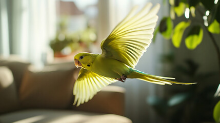 A parakeet flying freely in a living room.