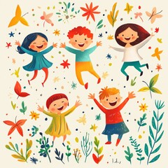 Happy Children Jumping in a Garden of Flowers