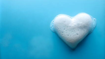Fototapeta premium White soap or bubble bath foam shaped in a heart against a blue background , romantic, love, relaxation, bath, spa