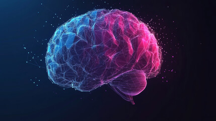 Abstract low-poly digital human brain. Represents neural networks and IQ testing, with artificial intelligence and virtual emulation in science and technology. Conceptualizes brainstorming and idea.