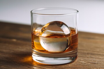 A close-up shot of a glass containing a whiskey with a sphere-shaped ice cube.