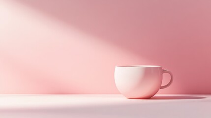 A white coffee cup on a pink surface with a beam of sunlight.
