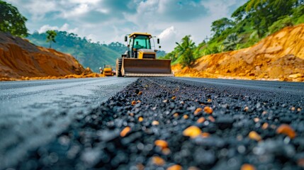 Road under construction with newly laid asphalt and machinery in the background