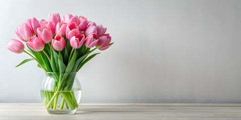 Fototapeta premium Pink tulips in a clear glass vase on a white table, spring, flowers, floral, pink, tulips, blossoms, vase