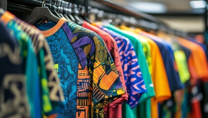 Colorful custom-printed t-shirts on hangers, showcasing dye sublimation printing technique.