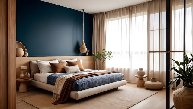 japandi bedroom interior with wooden furniture such as plush bed, stylish bedside table, unique lamp, accented blue wall