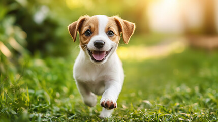 A joyful Jack Russell puppy walking happily through a lush green field