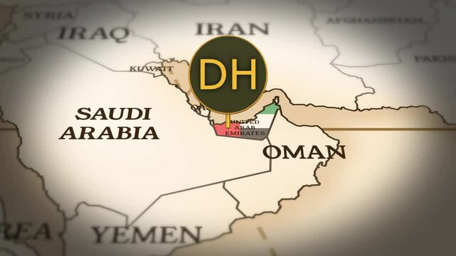 United Arab Emirates dirham currency sign showing on world map with 3D rendering