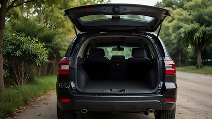 Clean and Empty - Rear View of Black SUV with Open Trunk, Compact SUV Features,Automotive Reviews, Car Features Demonstrations, SUV Advertisement, Travel and Lifestyle Magazines	
