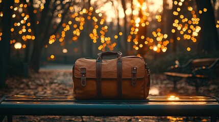 Brown Leather Travel Bag on a Bench in a Forest at Sunset