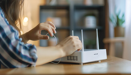 Fototapeta premium Woman connecting cable to Wi-Fi router at table indoors, closeup