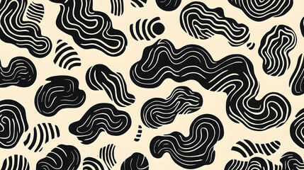 Curvy black line seamless pattern with swirling feathers, perfect for geometric wallpaper or textile design