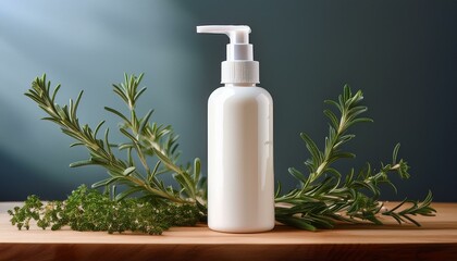 A white lotion bottle surrounded by sprigs of fresh rosemary and green herbs, emphasizing natural skincare with herbal ingredients.