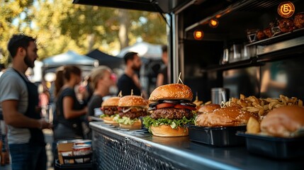Close-up of Juicy Burgers and French Fries at a Food Truck
