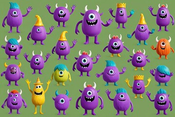 Obraz premium Vibrant 3D Animated Purple Monsters Waving in a Friendly Collection