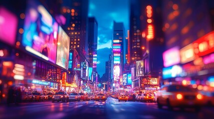 A Nighttime View of a Busy City Street with Neon Signs and Cars