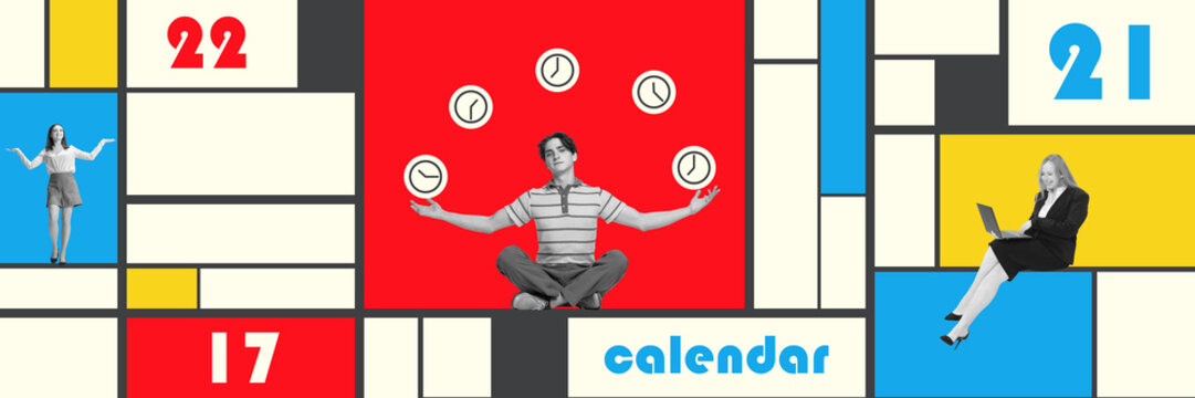 Banner. Contemporary art collage. People work on time-line meditates while clocks float around him, creating interplay between calm and time awareness. Concept of business and tasks, time-management.