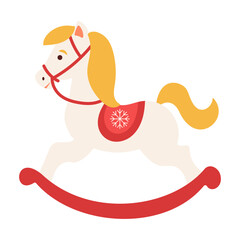 A white horse with a red blanket on its back is riding a rocking horse. The horse is smiling and he is enjoying the ride